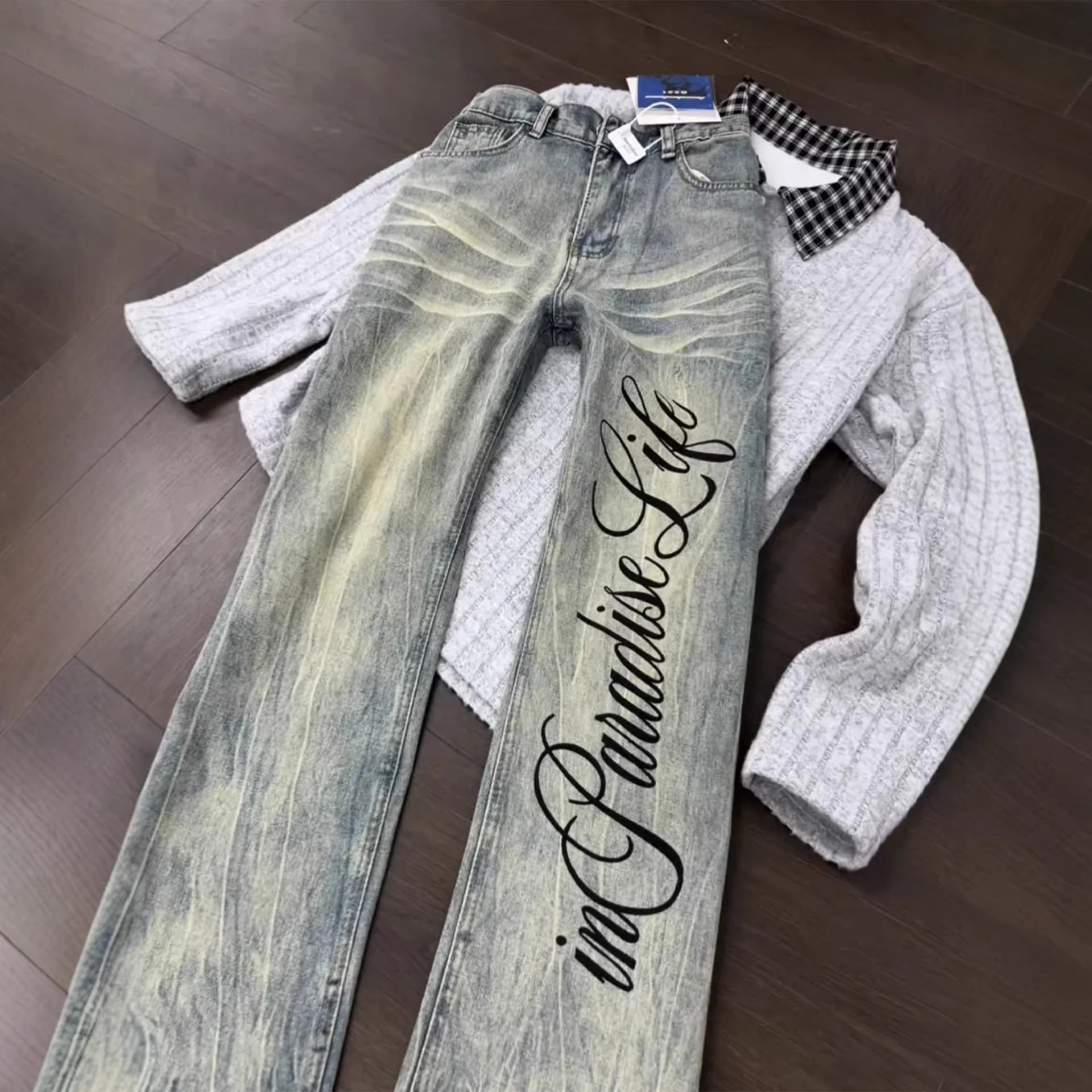 美式新款闪电纹微喇牛仔裤男女款高街vibe裤子修身显瘦直筒弯刀裤