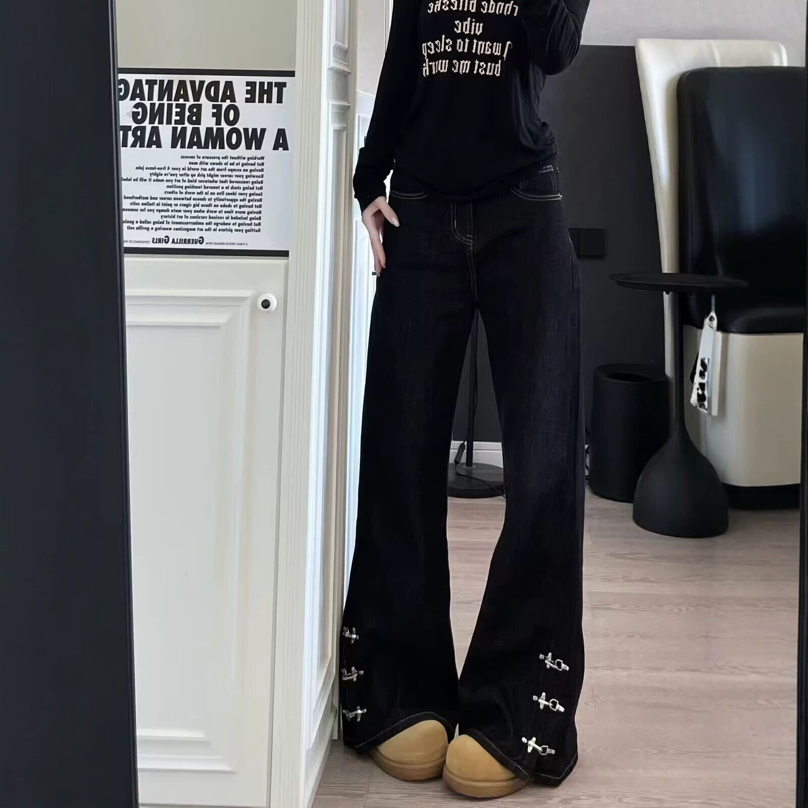 跨境美式飞机扣牛仔裤男春季复古设计感微喇长裤潮牌cleanfit裤子