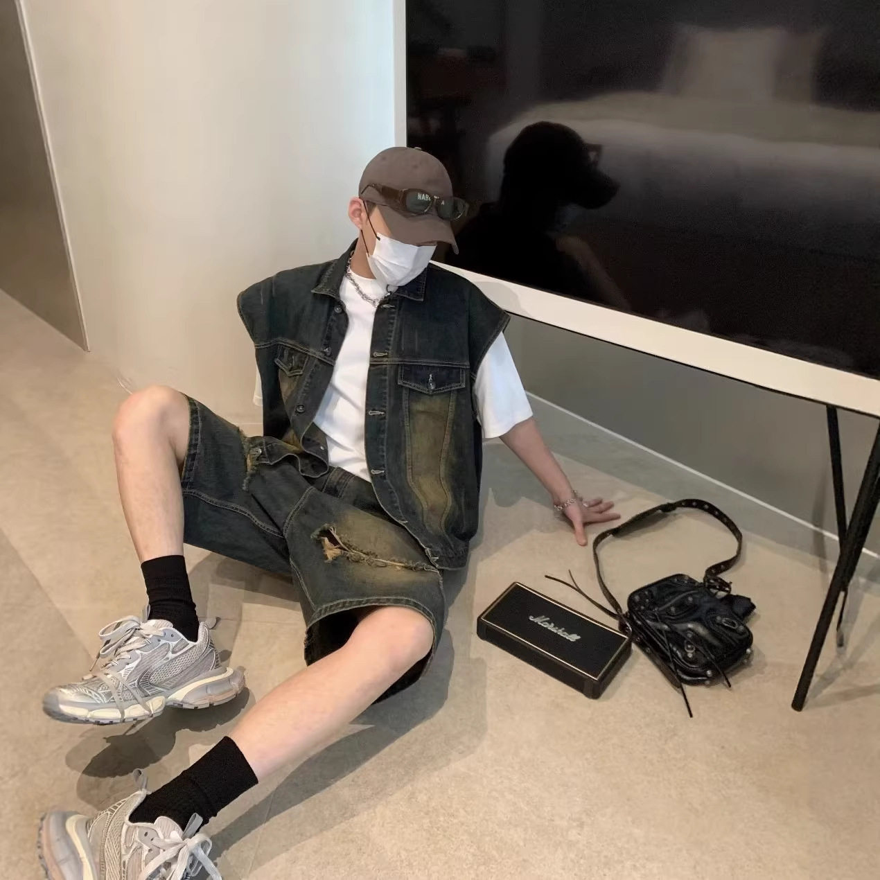 美式复古水洗做旧废土风高街牛仔马甲短裤套装男夏季设计感搭配潮