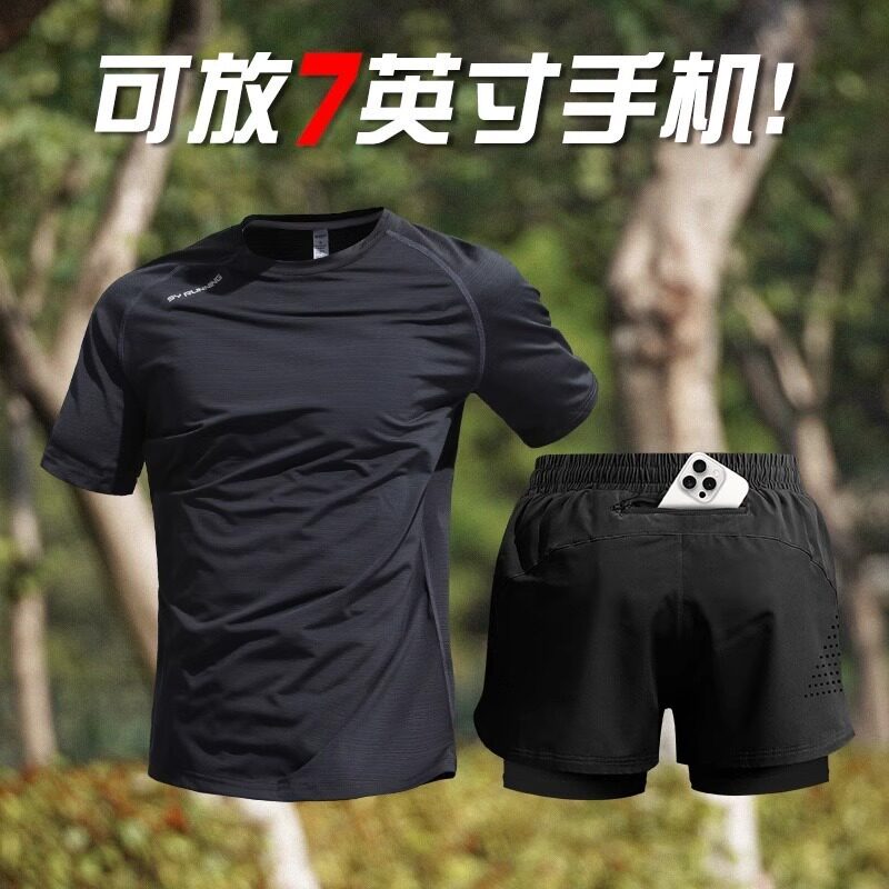 跨境跑步运动套装男夏速干短袖t恤马拉松短裤健身衣服男训练装备