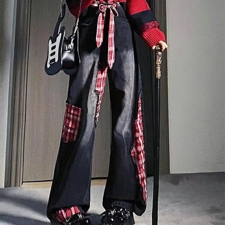 格子腰带破坏拼接牛仔裤男款春夏款中性少年感垂坠感个性百搭长裤