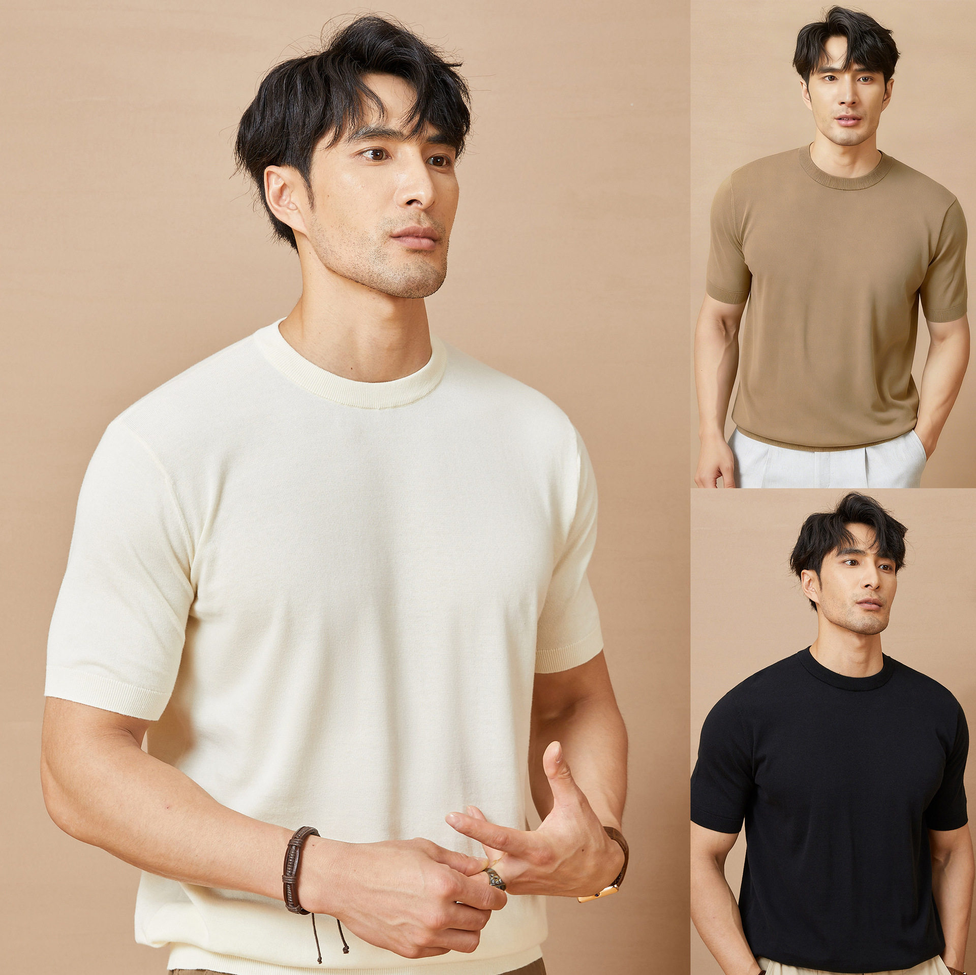 针织衫短袖T恤男纯色圆领西装内搭百搭老钱风冰丝夏跨境工厂批发