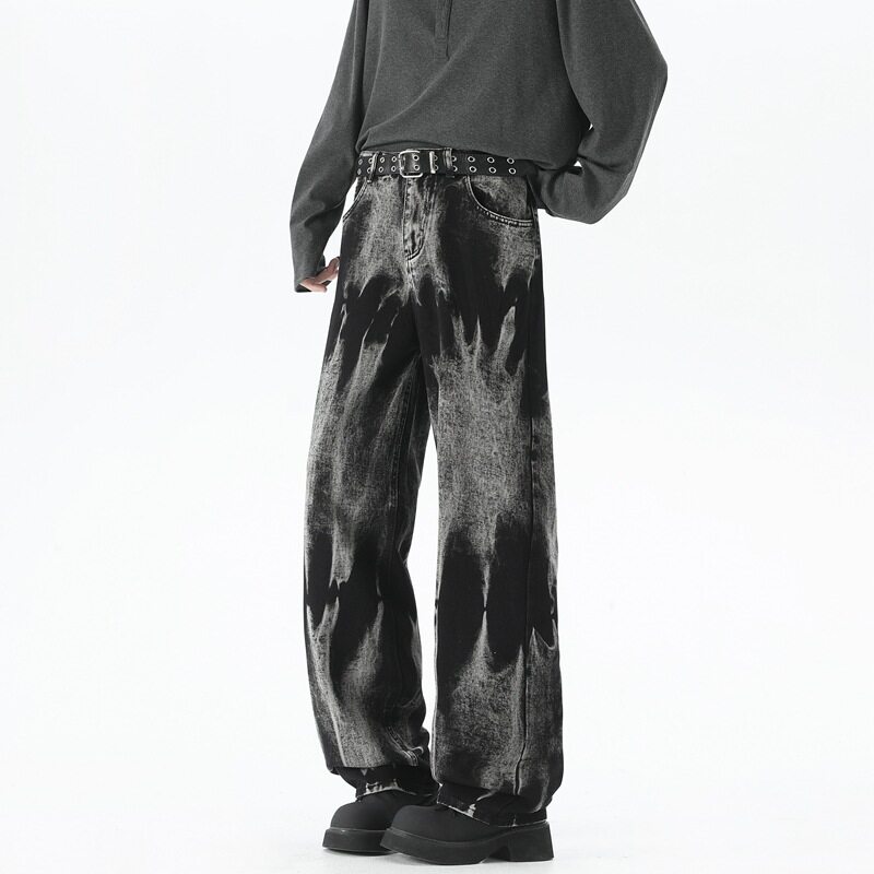 牛仔裤男美式黑色扎染潮牌男士春秋新款痞帅炸街宽松垂感拖地长裤