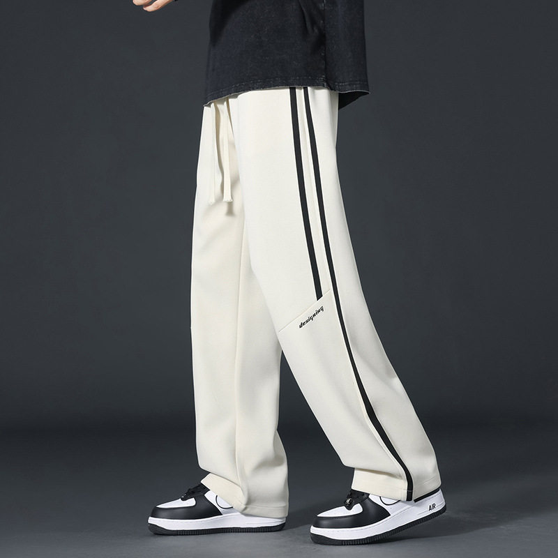 美式休闲长裤男秋季宽松垂感直筒阔腿卫裤男潮牌条纹拼接运动裤子