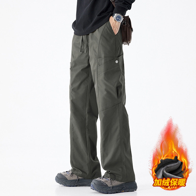 工装裤子男冬季直筒冲锋休闲裤户外潮牌美式宽松阔腿加绒裤子