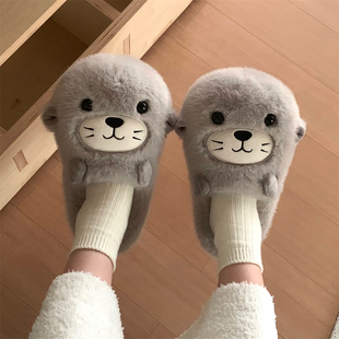细细条可爱卡通小海豹卧室情侣家居月子鞋冬季男女学生舒适棉拖鞋