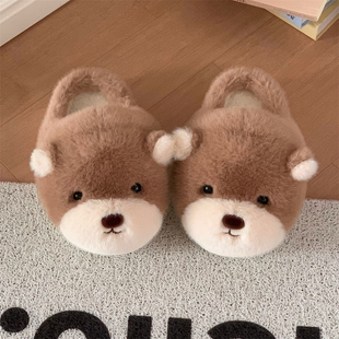 细细条情侣软萌小熊棉拖鞋防滑冬季学生时尚男女舒适毛绒绒家居鞋