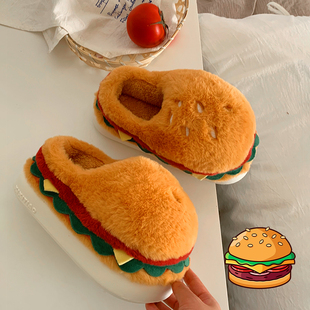 细细条2025冬季新款可爱汉堡情侣毛毛鞋家用包跟防滑男女生棉拖鞋