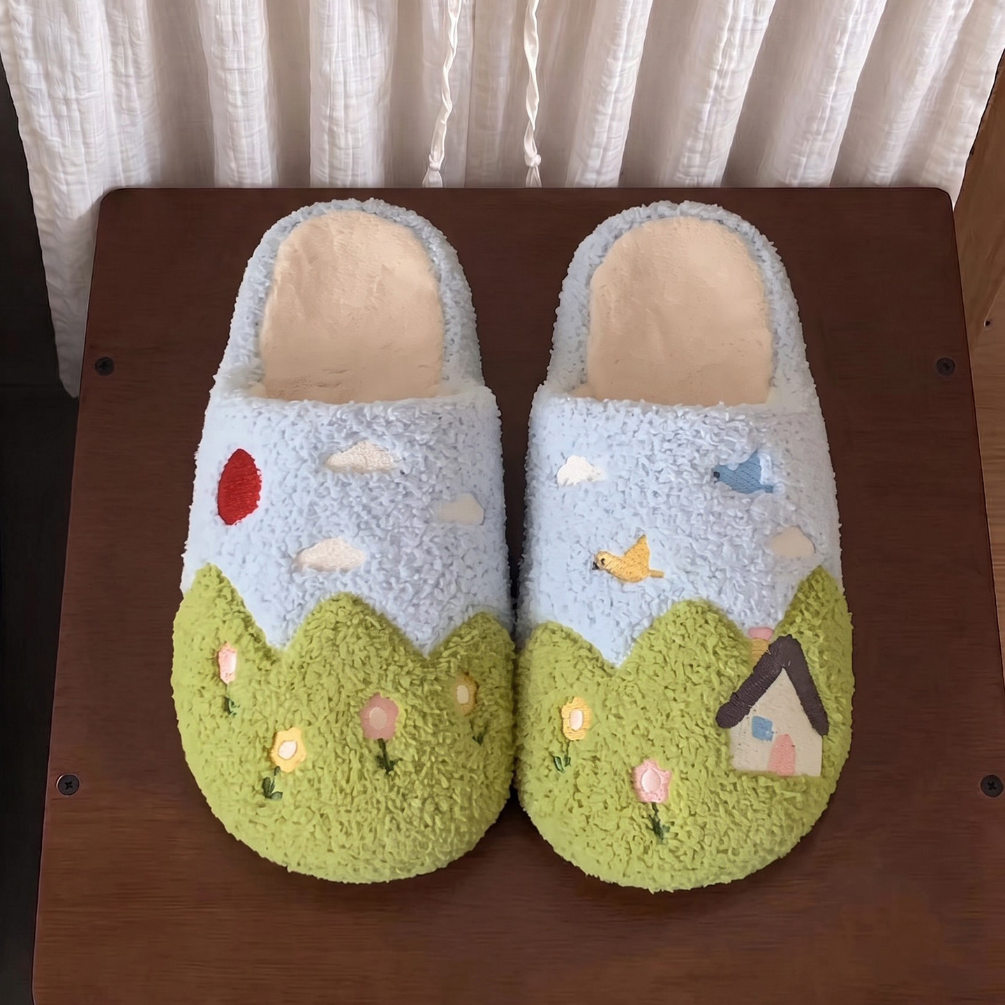 细细条少女心棉拖鞋秋冬日系卡通刺绣小屋男女保暖足弓支撑家居鞋