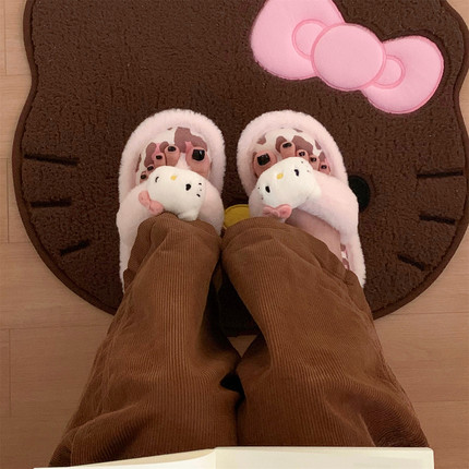 细细条秋冬季正版HelloKitty女士甜美拖鞋防滑学生新款毛毛人字拖