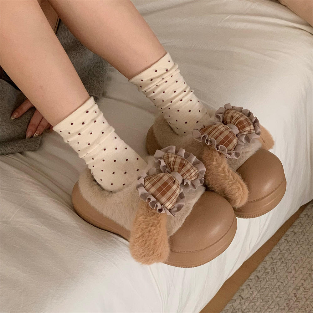 细细条冬季居家外穿防滑厚底毛毛鞋新款可爱兔耳朵Lolita棉拖鞋女