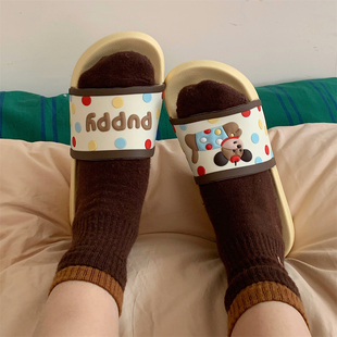 细细条防滑厚底软萌拼色室内外拖鞋男女夏可爱彩点小狗情侣凉拖鞋