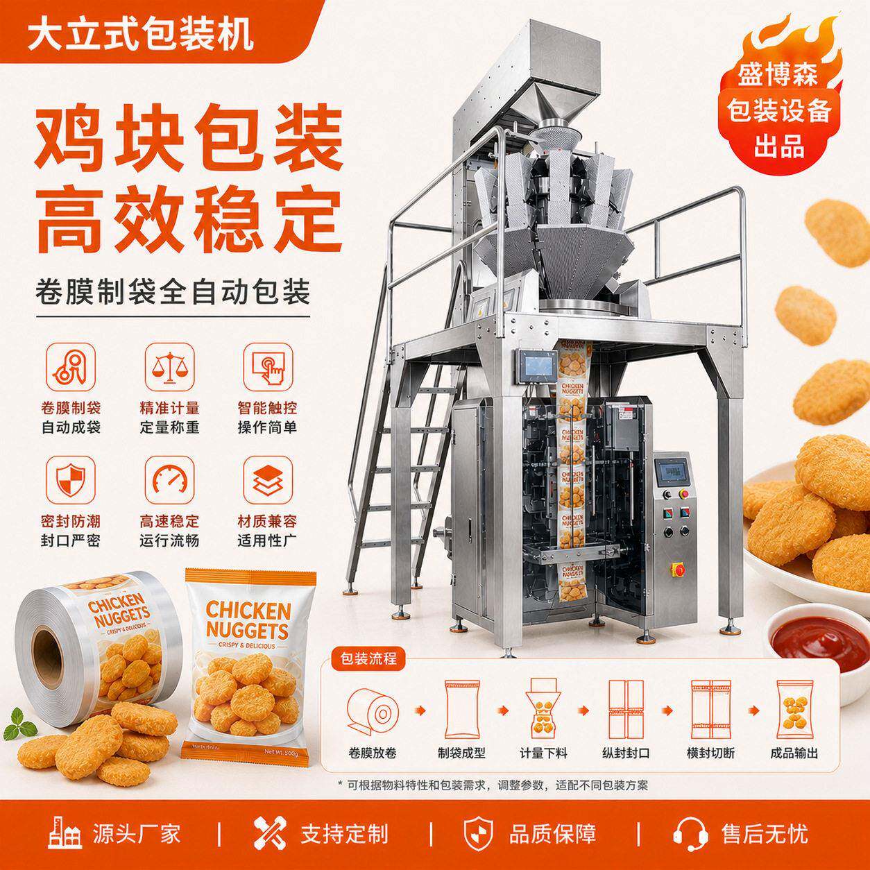 鸡块包装机食品全自动称重充氮分装机膨化食品立式包装机械