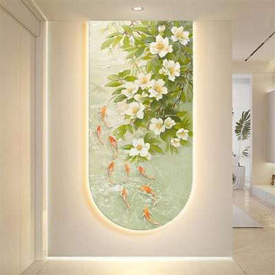 原木风花卉客厅装饰画九鱼图沙发背景墙壁画走廊玄关拱形带灯挂画