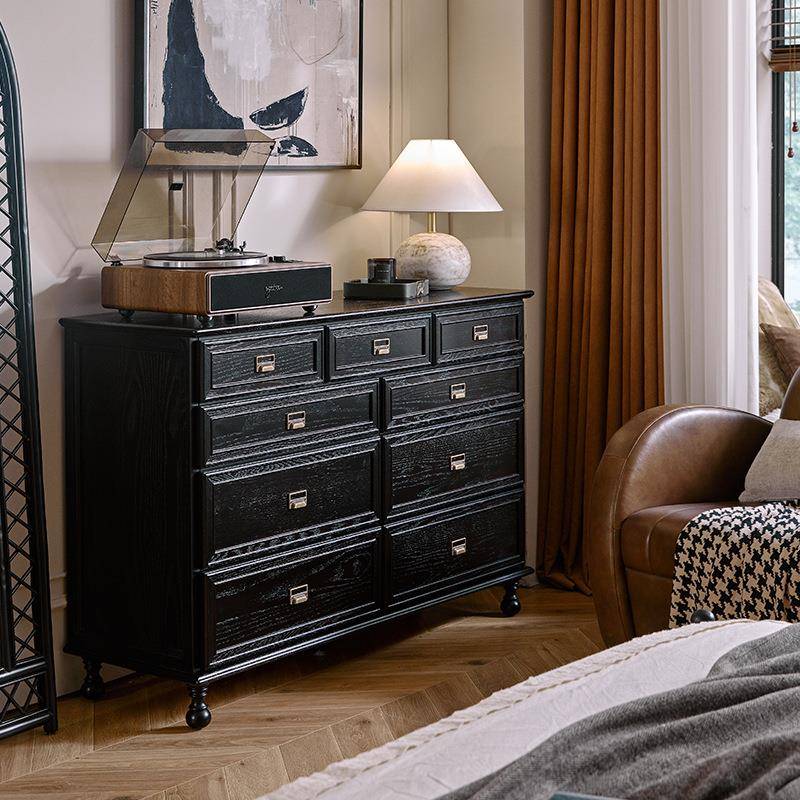 北美乡村复古实木九斗柜卧室客厅靠墙储物收纳柜抽屉柜床尾置物柜