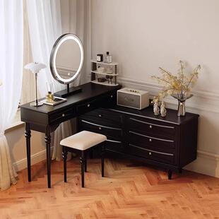 美式家用法式复古卧室黑色主卧实木收纳转角化妆桌梳妆台斗柜一体