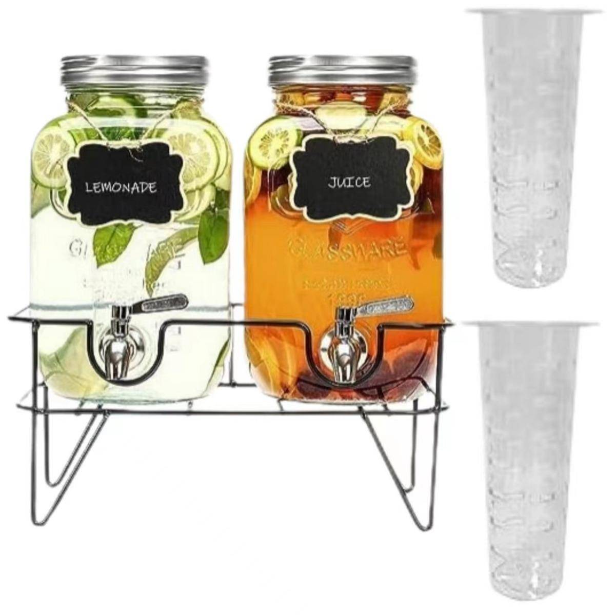 大容量玻璃果汁罐子柠檬水分配器带龙头铁艺架2只装冰饮料可乐桶