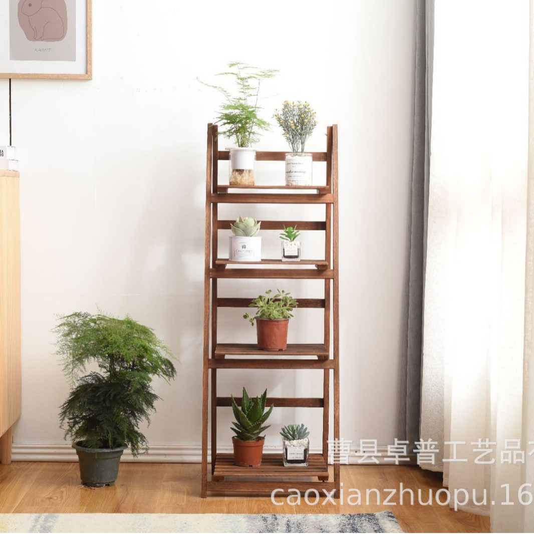 实木多层花架木质多层杂物收纳架 黑胡桃木落地式客厅置物架