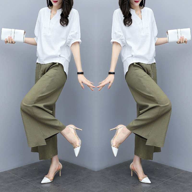 棉麻套装女2025夏装新款时尚韩版短袖阔腿裤休闲亚麻料两件套