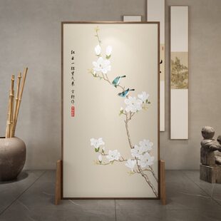 简约现代茶室布艺屏风隔断客厅移动 玄关家用遮挡卧室实木办公中式
