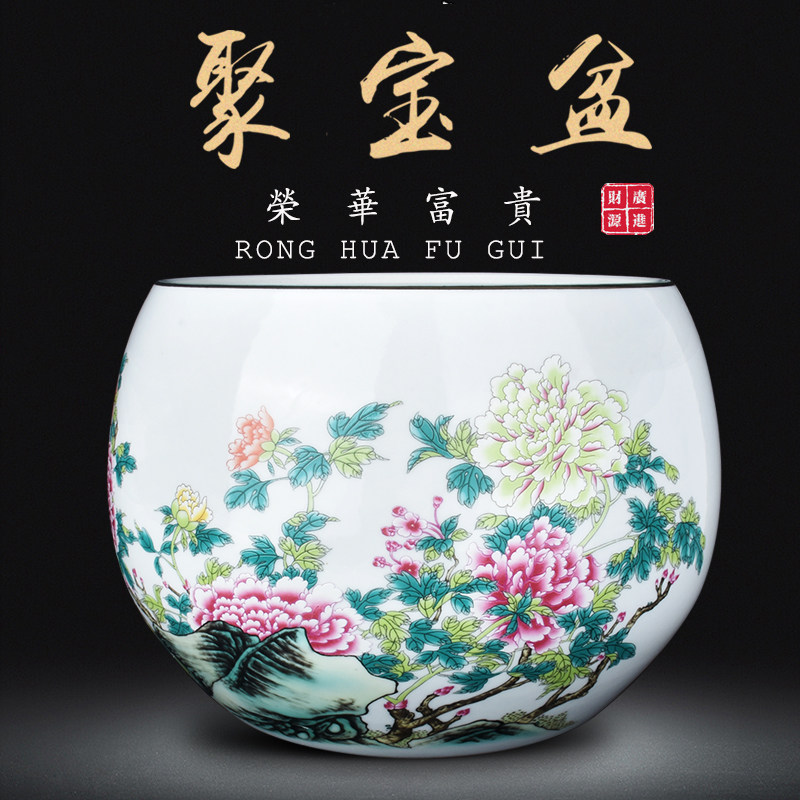 景德镇陶瓷器聚宝盆摆件桌面招财装饰盆中式家居饰品客厅玄关鱼缸