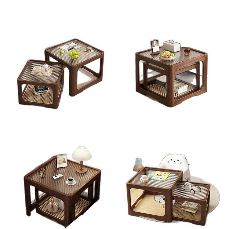 全实木玻璃茶几客厅家用中古风大小组合藤编桌子小户型简约茶桌