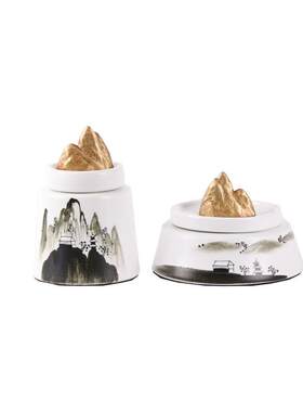 禅意新中式黑白陶瓷金属手绘山水画客厅书房样板房装饰品仿古