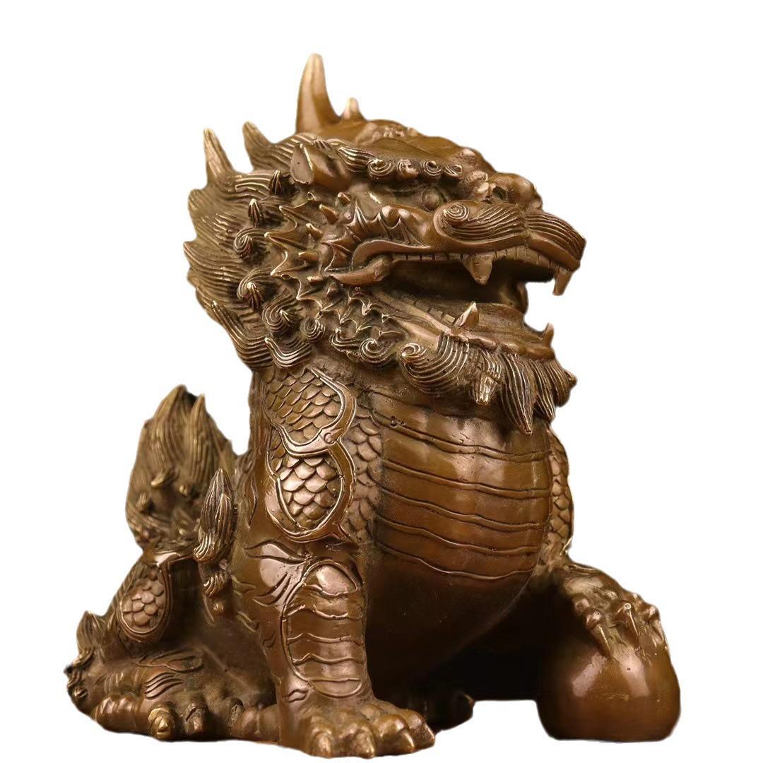仿古铜神兽坐踏宝火麒麟祥瑞麒麟一对摆件家居饰品办公室工艺品纯
