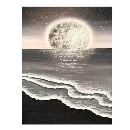 手绘黑白油画沙滩海浪客厅玄关装饰画砂岩立体肌理月球儿童房挂画
