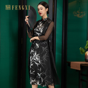 女 内搭印花连衣裙复古宽松中国风中长款 凤禧旗袍2024年新款 秋装