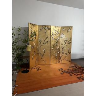 手绘金箔屏风隔断客厅办公室酒店花鸟移动折叠遮挡装 新中式 饰折屏