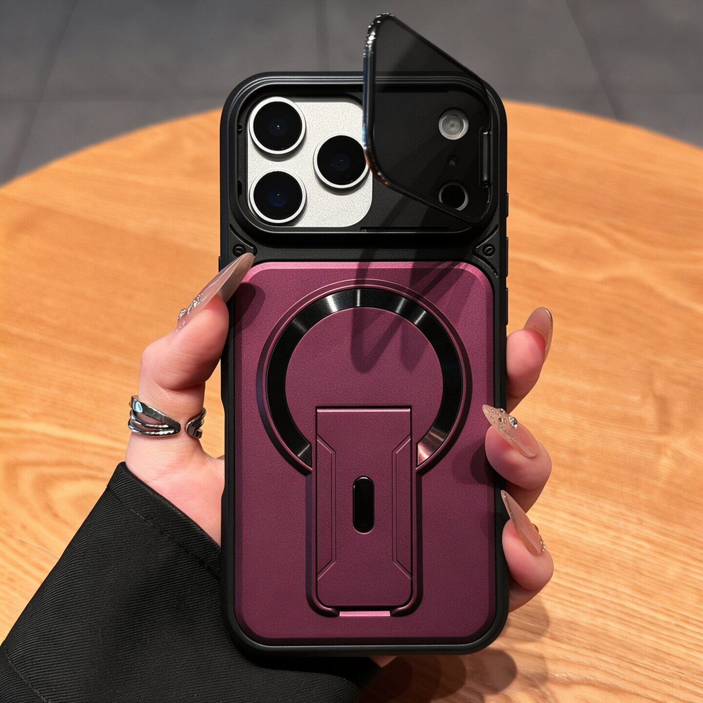 勃艮第酒红自带翻盖镜头膜适用苹果18promax手机壳新款iphone17pro保护套高级感16外壳女15磁吸14pm折叠支架