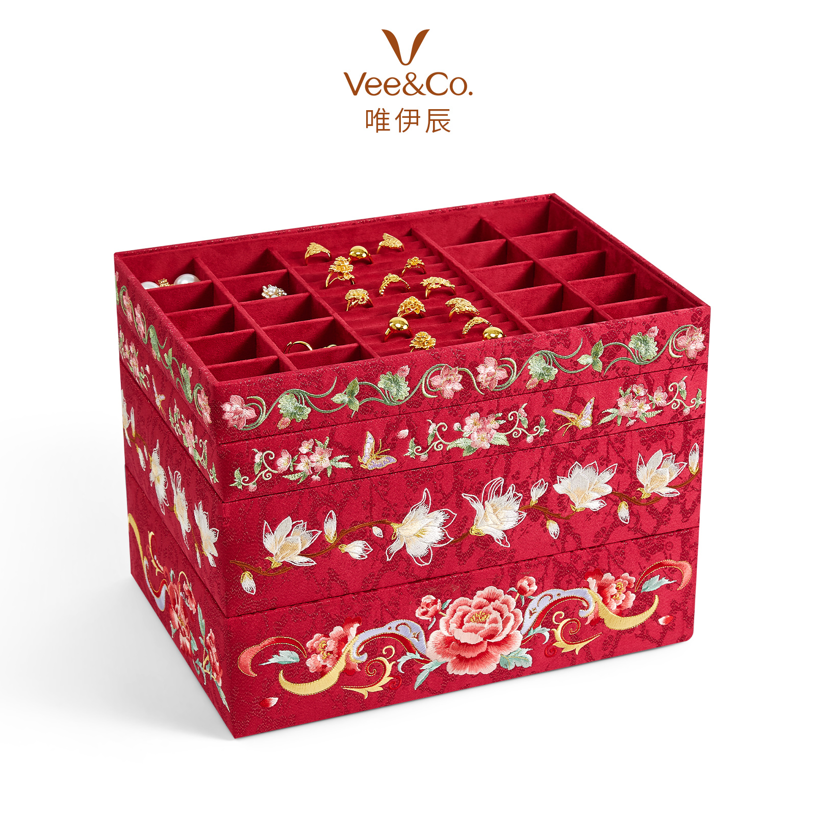 唯伊辰2025新品真丝国风刺绣托盘首饰收纳黄金珠宝首饰盒结婚礼物