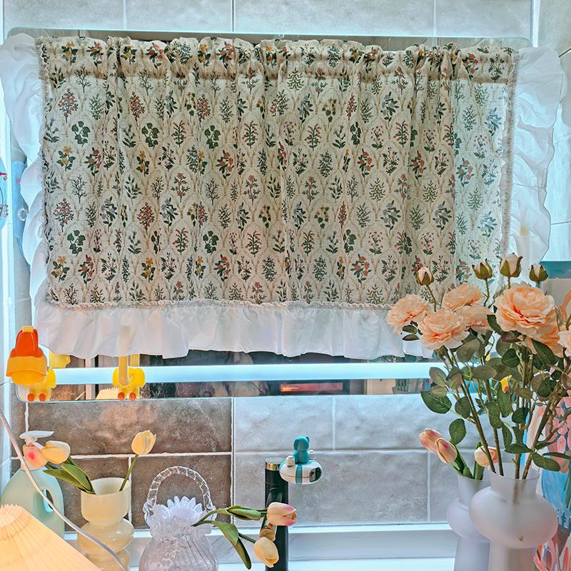 覆古碎花荷叶边布艺隔断窗镜子遮挡帘小短门帘魔术贴半帘透光不透