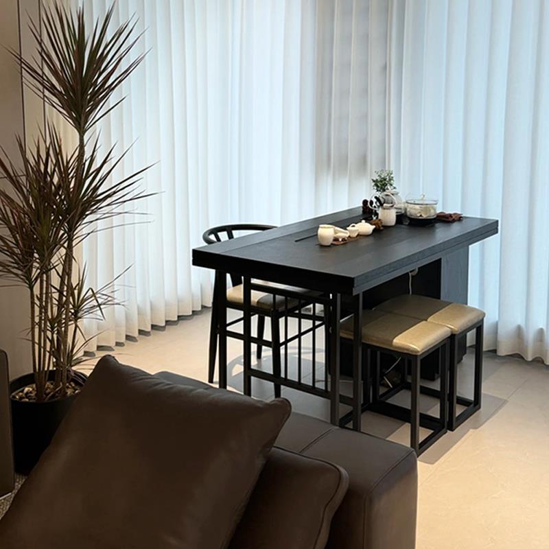 新中式纯黑茶桌椅组合现代办公室家用乌金石茶盘烧水壶一体泡茶台