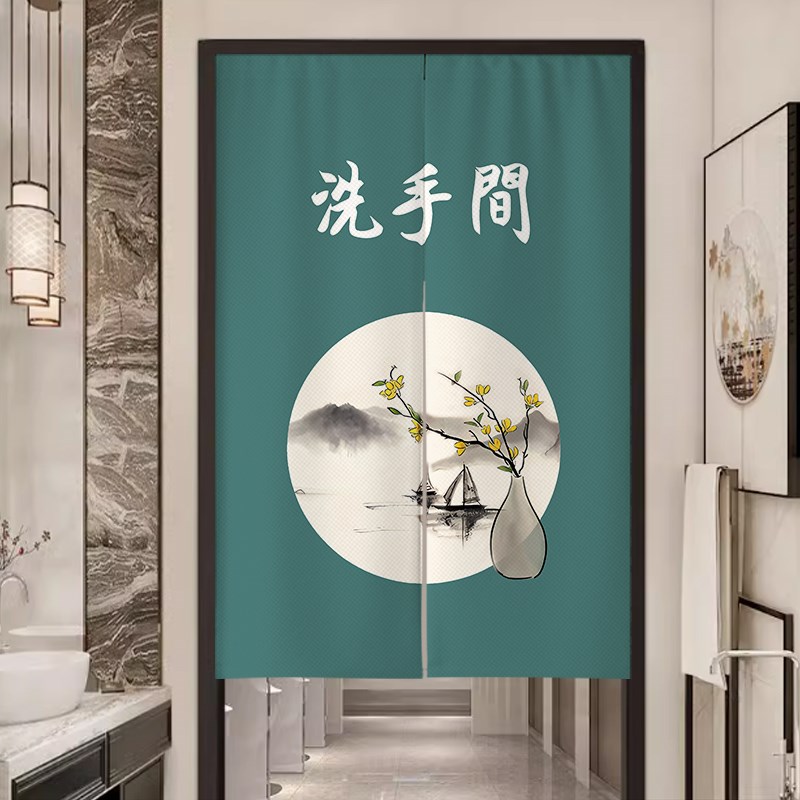 中式卫生间门帘遮挡帘山水洗手间免打孔隔断帘厕所门口挂帘子
