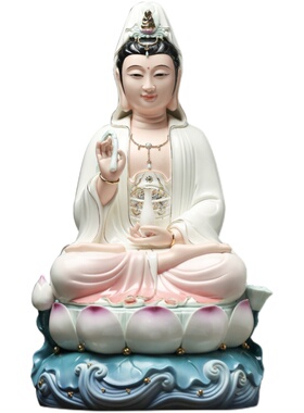 德化陶瓷坐莲笑脸观音佛像居家供奉家用摆件观世音菩萨像微笑观音