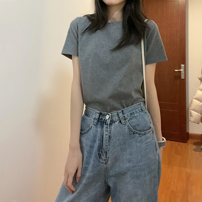 深灰色正肩短袖T恤女夏季2025年新款基础款内搭打底小个子上衣ins