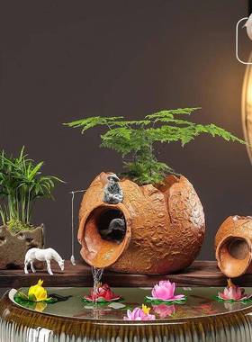 古法养鱼水缸生态循环流水摆件开口陶罐喷泉增氧过滤造景装饰配件