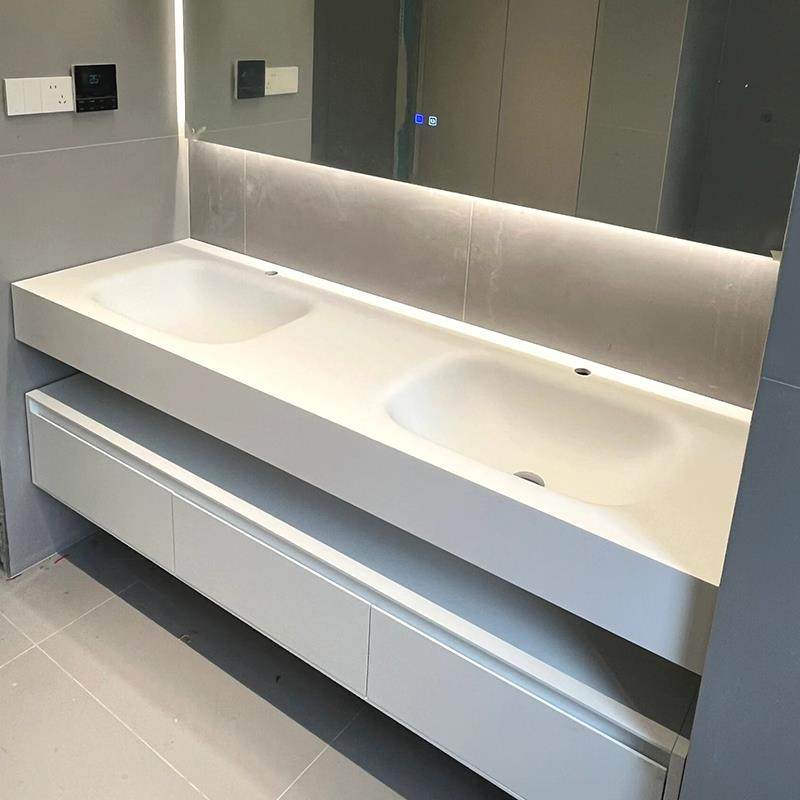 设计师定制岩板热弯无缝陶瓷一体盆橡木双盆浴室柜组合洗手脸漱台