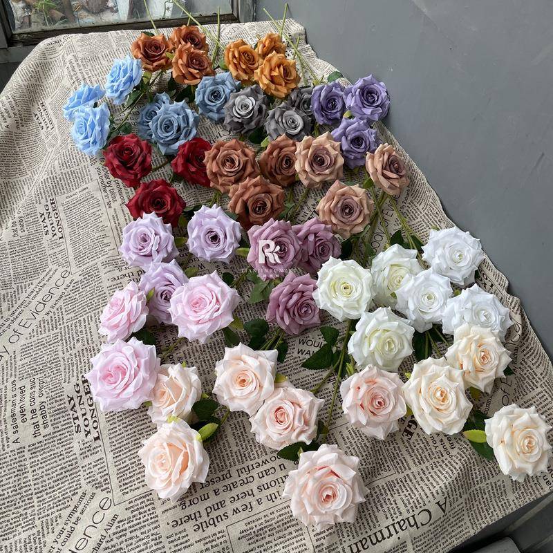 婚庆仿真3头玫瑰花3头婚钻石玫单支玫瑰花秋色假礼AL-951路引插装