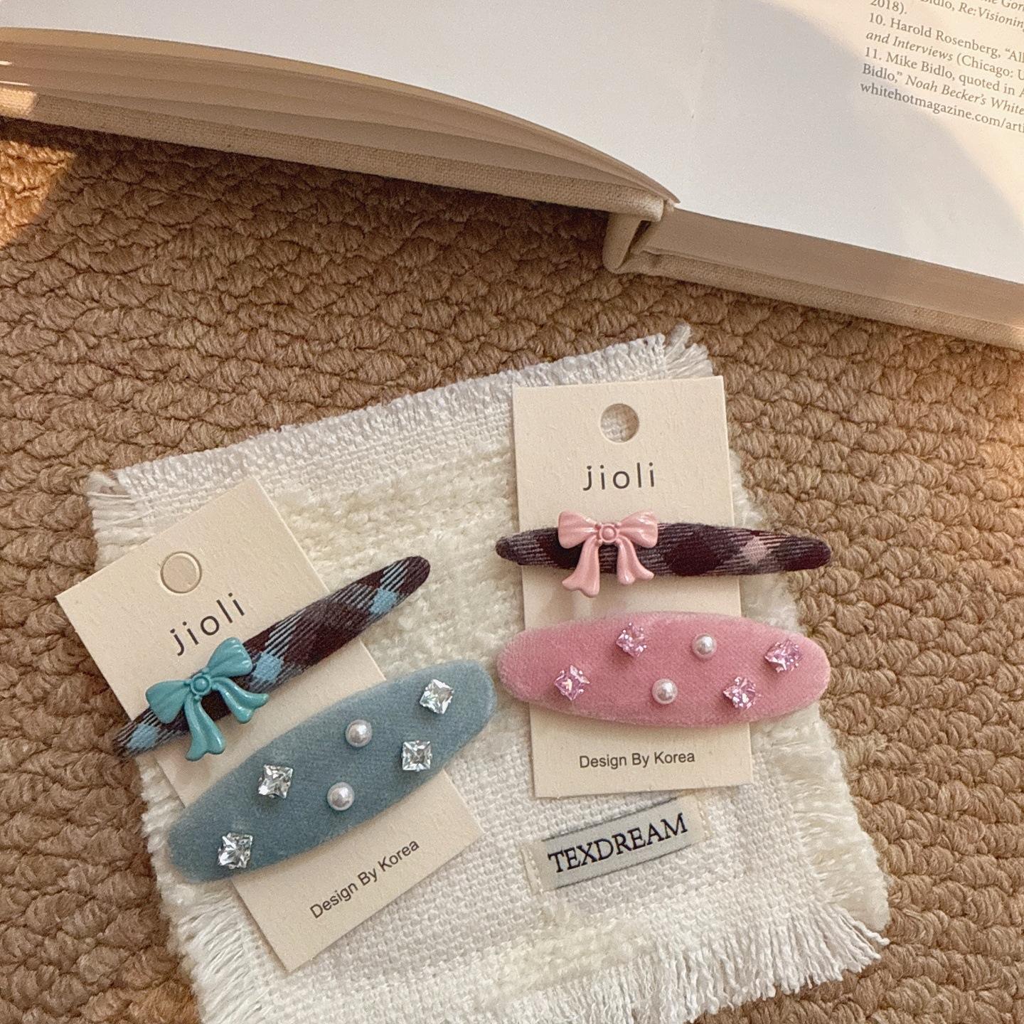 复古丝绒格纹蝴蝶结水钻珍珠侧边夹网红气质刘海夹时尚前额碎对夹