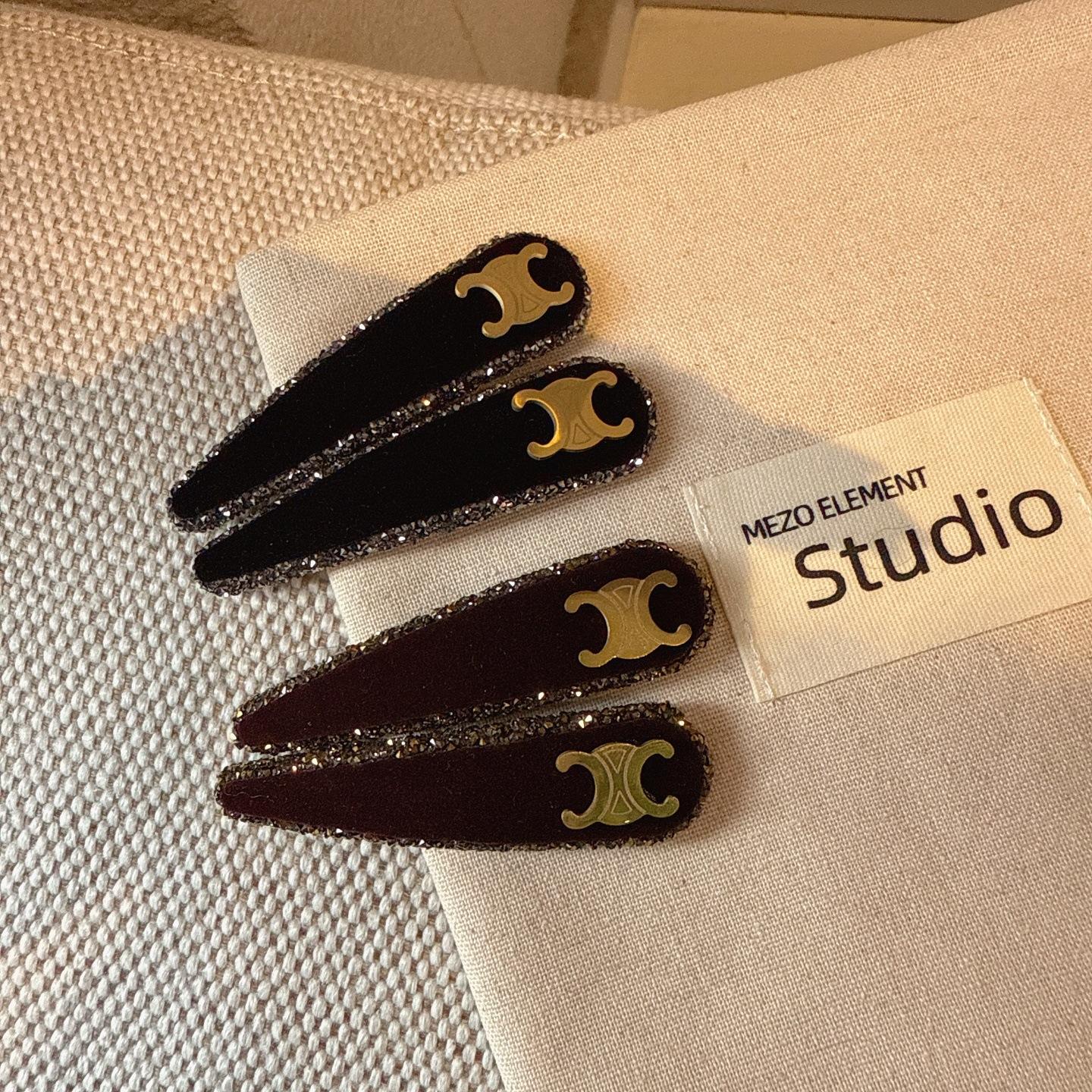 复古丝绒水钻凯旋门BB夹时尚气质侧边夹前额碎发刘海夹长款一字夹