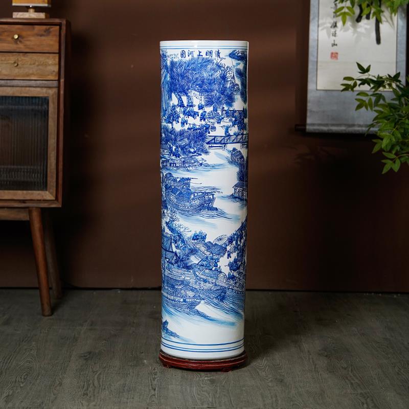 景德镇陶瓷青花瓷落地大号花瓶箭筒客厅电视柜中式字画收纳缸摆件