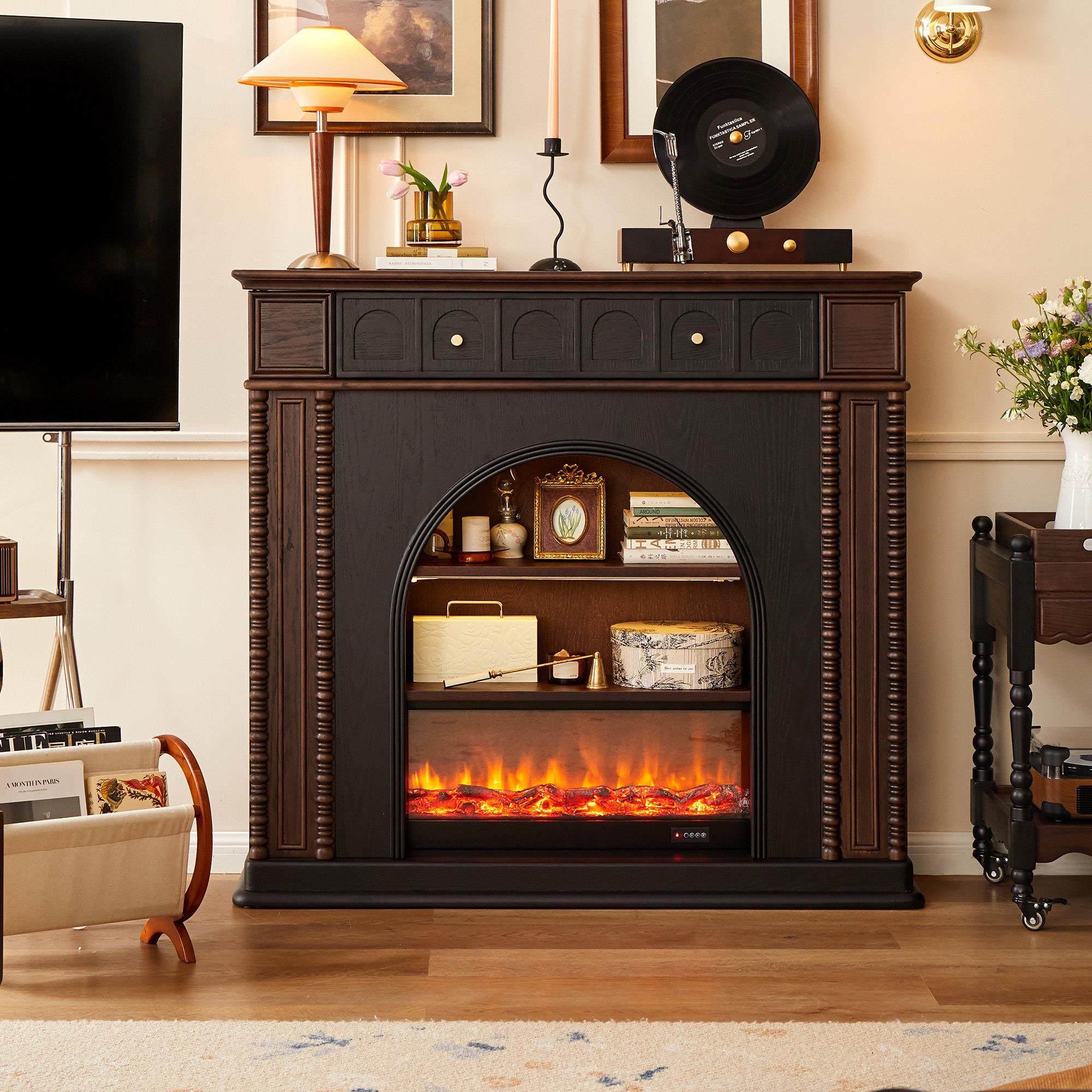 法式复古实木壁炉装饰柜中古小户型客厅一体储物柜置物架展示柜子