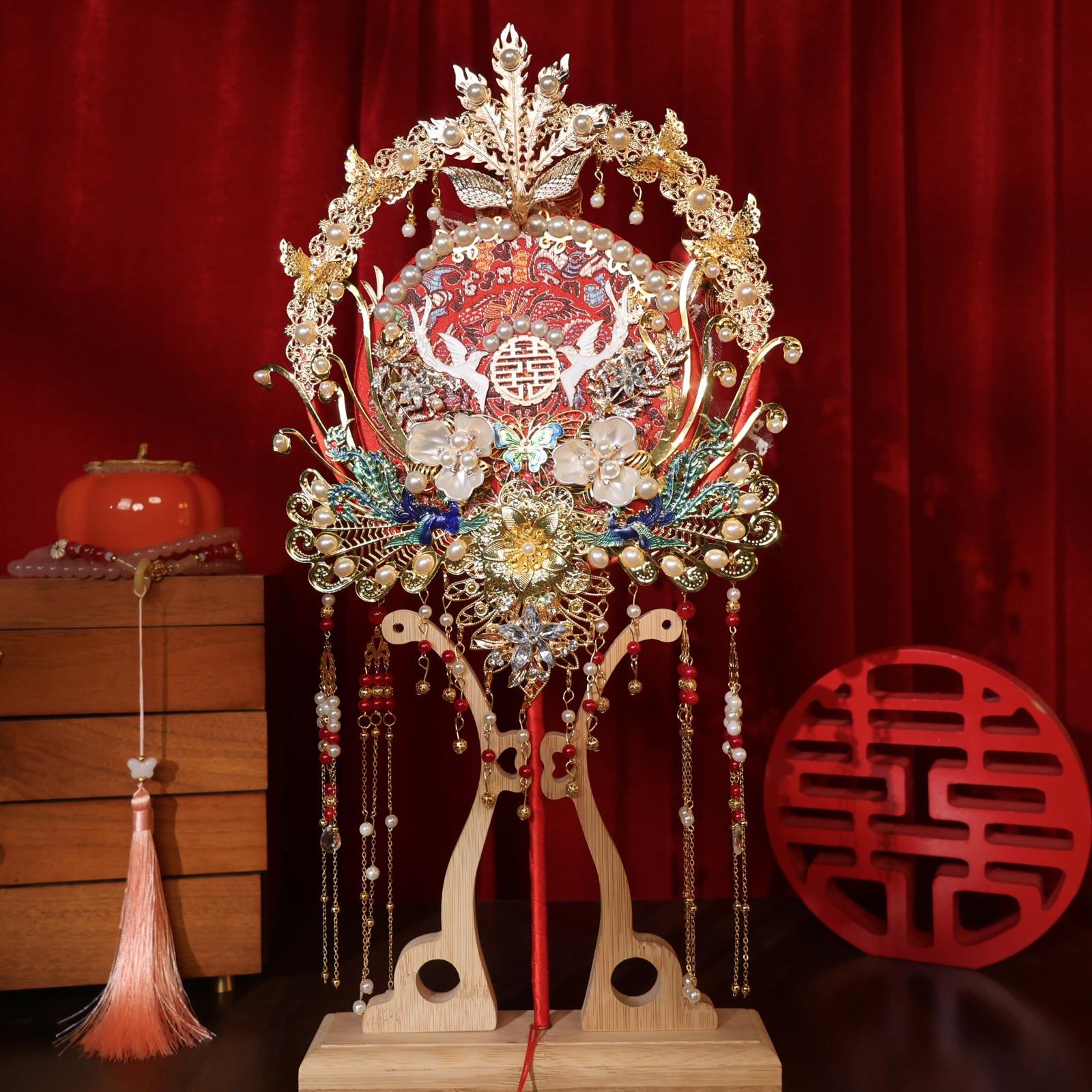 团扇新娘结婚材料diy高级婚扇子手工刺绣成品双面秀禾嫁喜扇婚礼