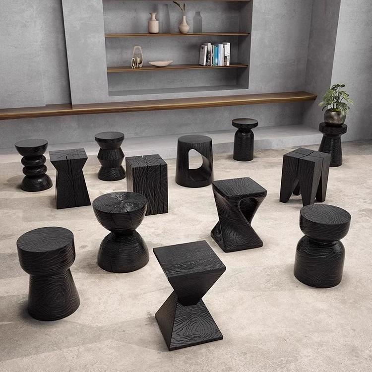 诧寂风实木家用客厅卧室黑色凳子简约创意休闲木墩子不规则小墩子