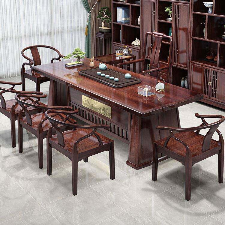 茶老板办公桌茶桌一体两用新中式紫檀色实木干泡台茶桌