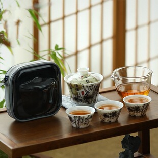 羊脂玉瓷墨竹盖碗茶杯快客杯便携式户外旅行茶具套装随身杯