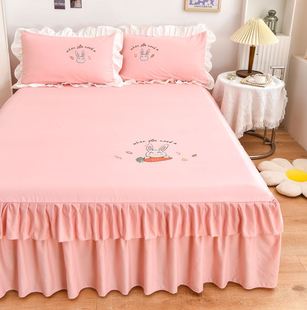 单件纯色公主蕾丝带裙边床单床笠三件套 床罩床裙式 床套2021年新款